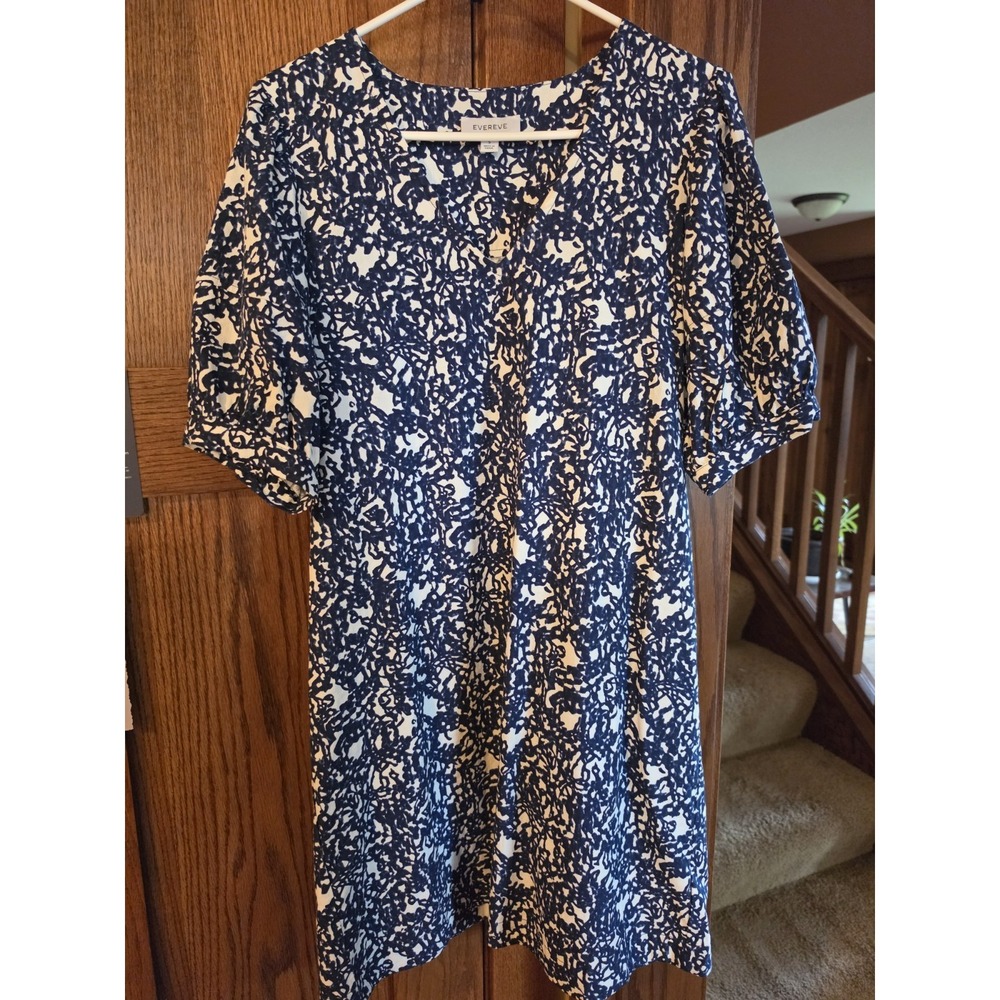 Evereve Shay Dress Womens Size Small Navy Blue &White Pockets V-Neck Puff Sleeve - Picture 2 of 11